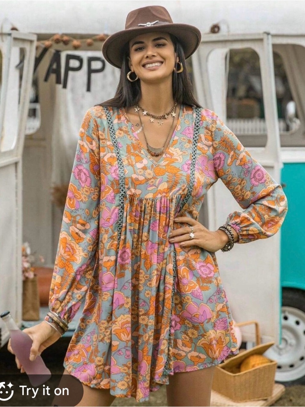 RusttyDustty Floral V-Neck Boho Tunic Dress in Blue, Pink & Orange 0XL